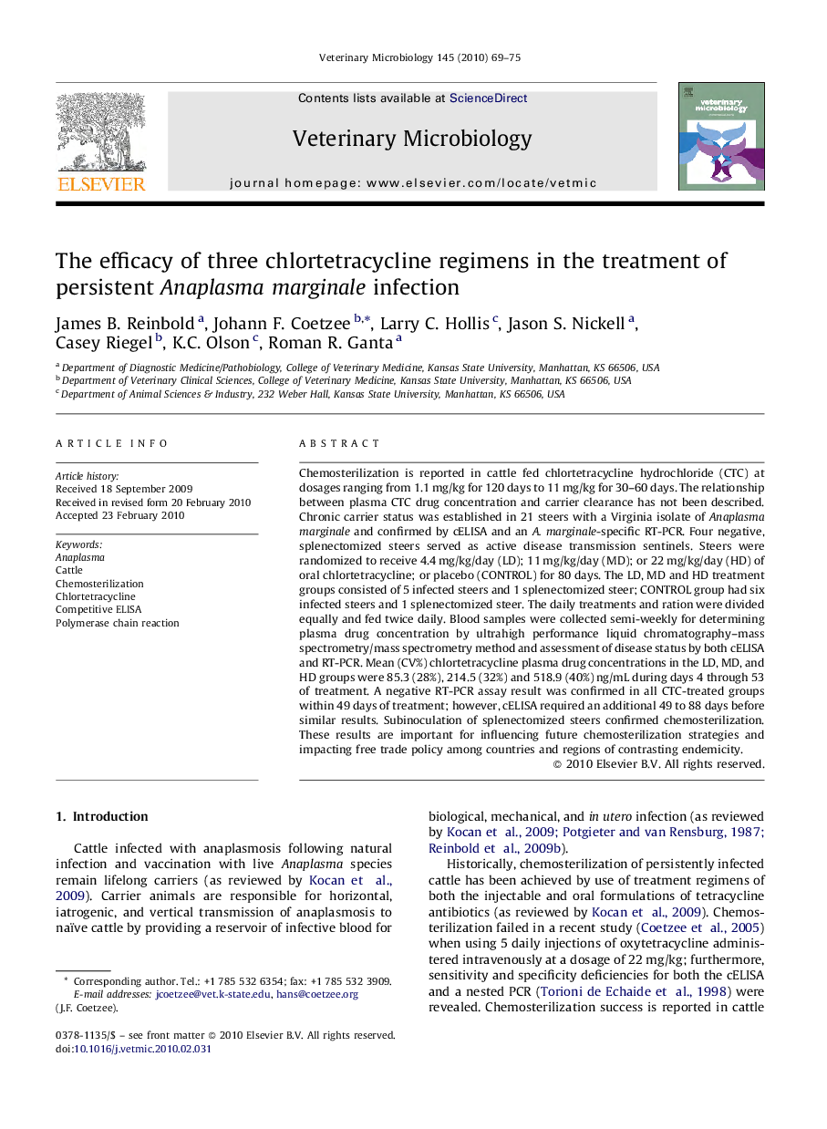 The efficacy of three chlortetracycline regimens in the treatment of persistent Anaplasma marginale infection