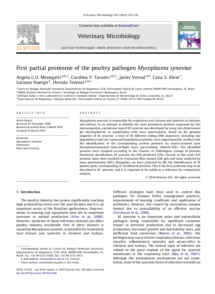 First partial proteome of the poultry pathogen Mycoplasma synoviae