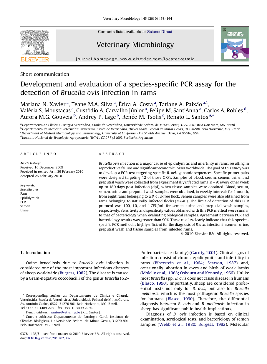 عکس صفحه اول مقاله: Development and evaluation of a species-specific PCR assay for the detection of Brucella ovis infection in rams Development and evaluation of a species-specific PCR assay for the detection of Brucella ovis infection in rams