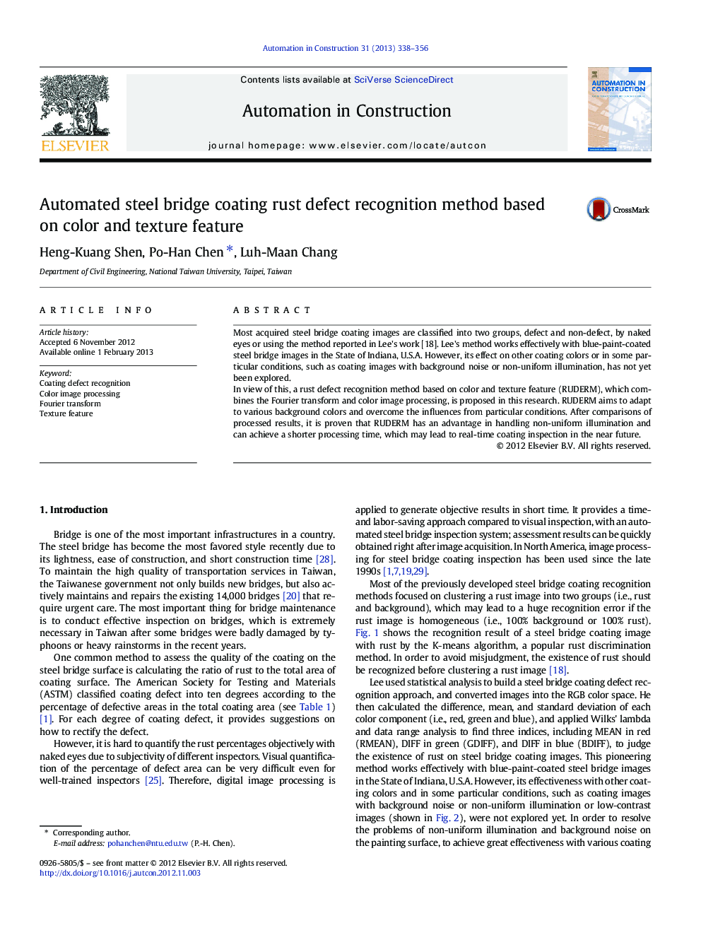 Automated steel bridge coating rust defect recognition method based on color and texture feature