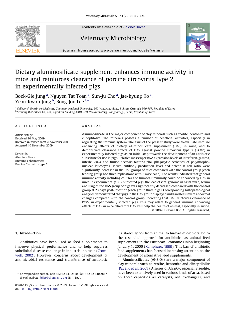 Dietary aluminosilicate supplement enhances immune activity in mice and reinforces clearance of porcine circovirus type 2 in experimentally infected pigs