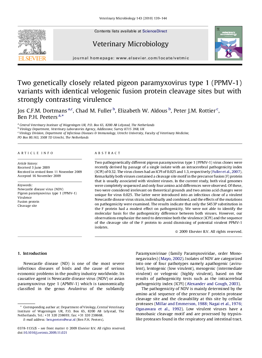 Two genetically closely related pigeon paramyxovirus type 1 (PPMV-1) variants with identical velogenic fusion protein cleavage sites but with strongly contrasting virulence