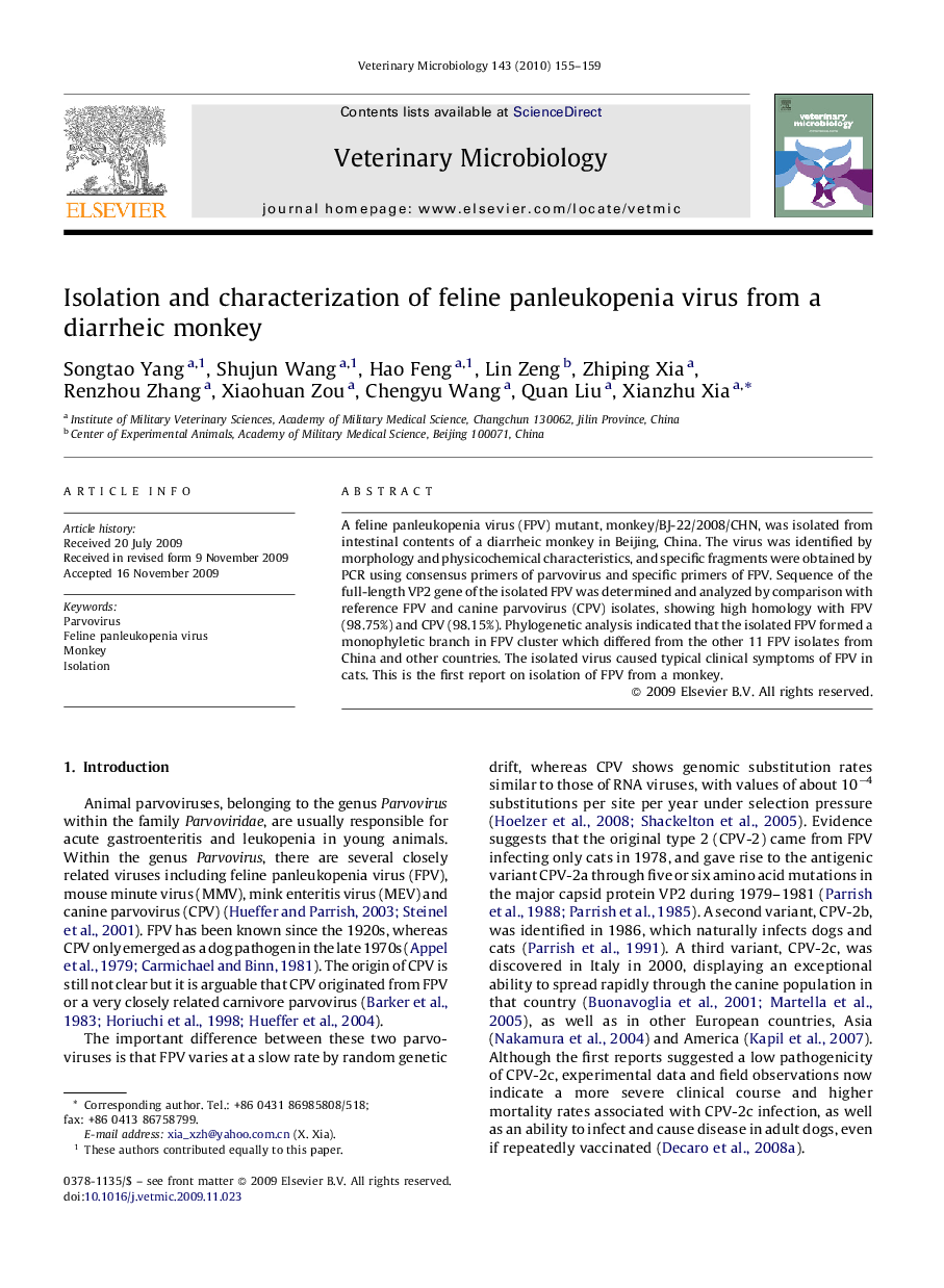 Isolation and characterization of feline panleukopenia virus from a diarrheic monkey