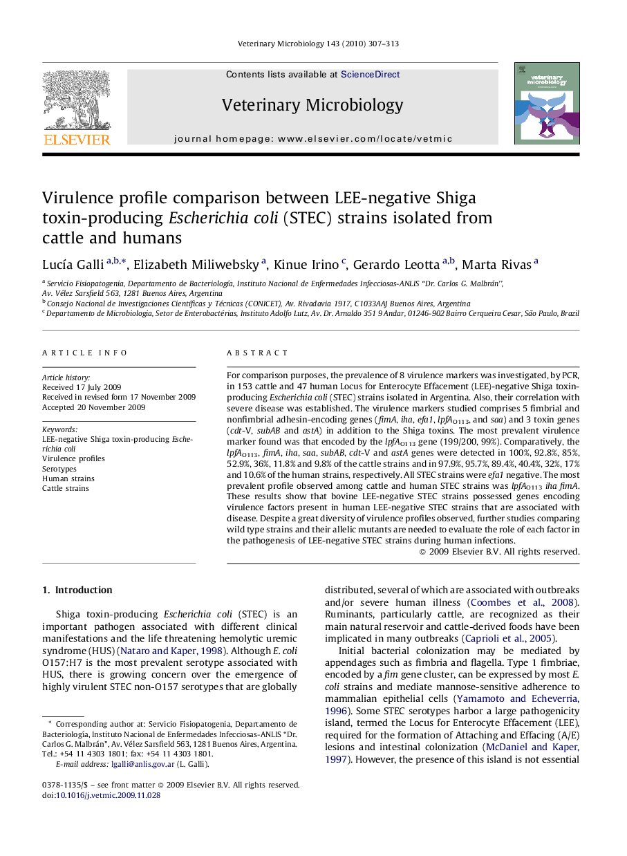 Virulence profile comparison between LEE-negative Shiga toxin-producing Escherichia coli (STEC) strains isolated from cattle and humans