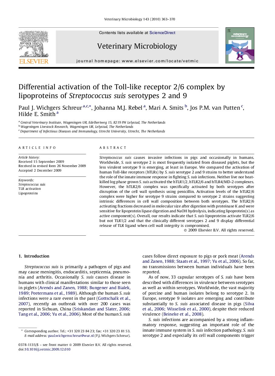 Differential activation of the Toll-like receptor 2/6 complex by lipoproteins of Streptococcus suis serotypes 2 and 9