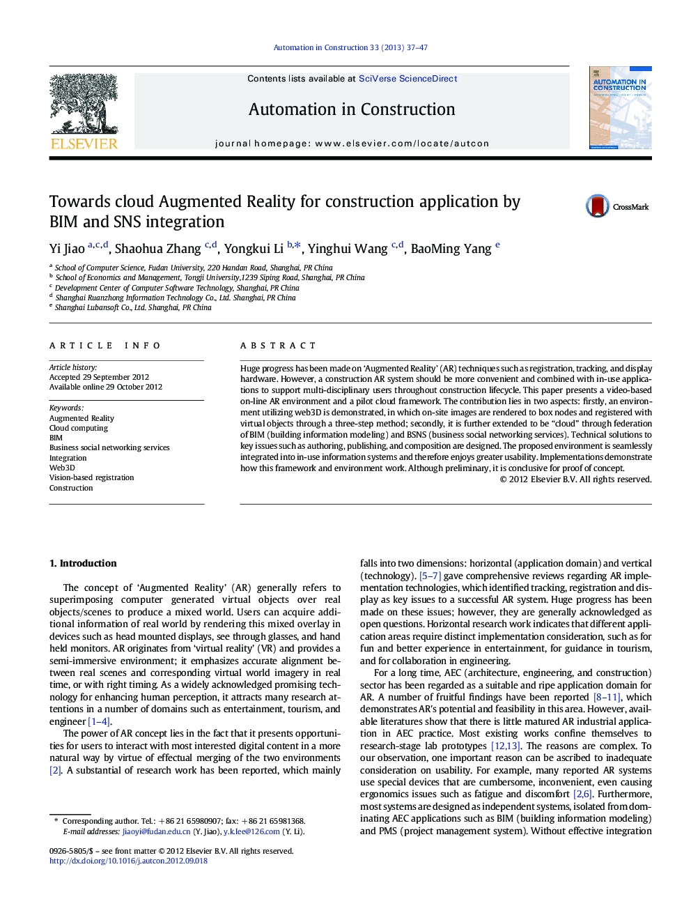 Towards cloud Augmented Reality for construction application by BIM and SNS integration