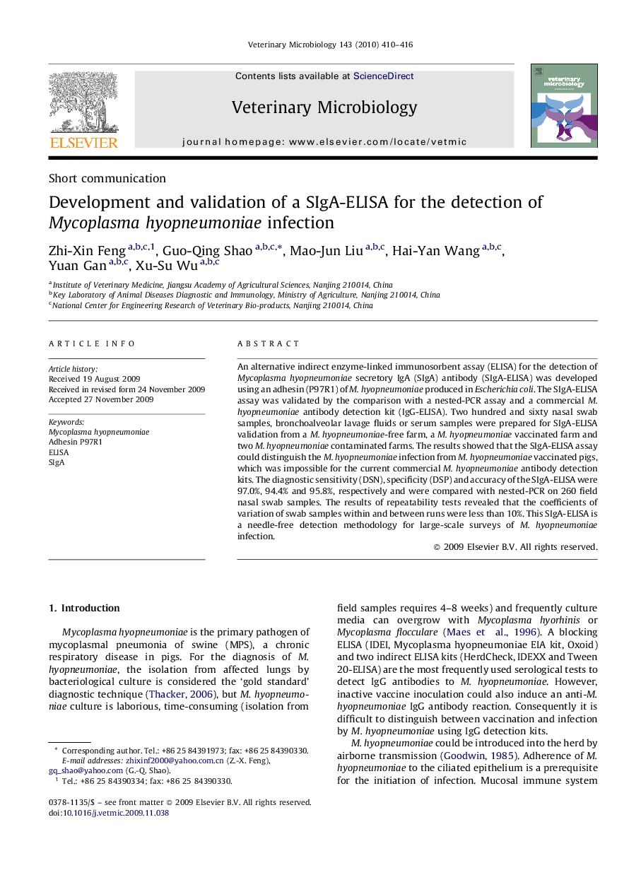 Development and validation of a SIgA-ELISA for the detection of Mycoplasma hyopneumoniae infection