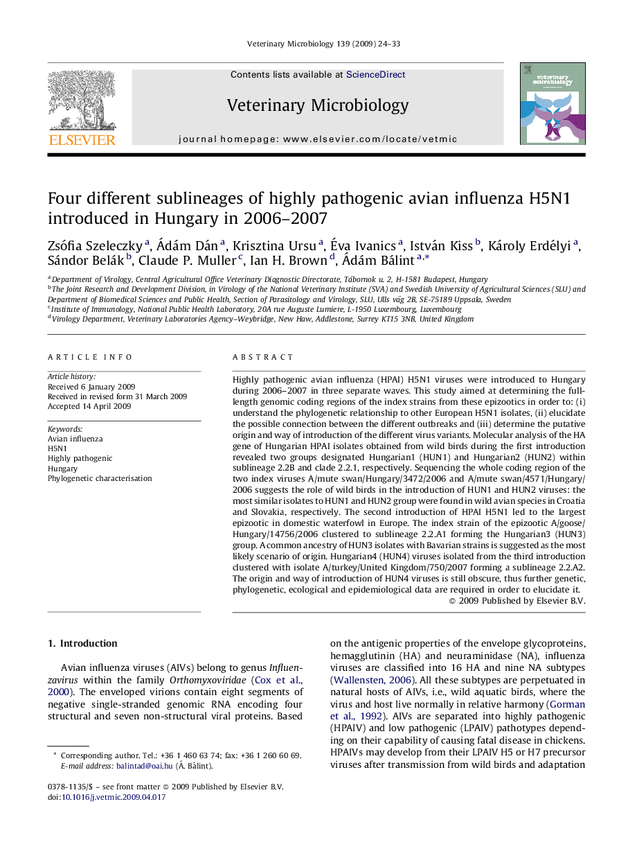 Four different sublineages of highly pathogenic avian influenza H5N1 introduced in Hungary in 2006–2007