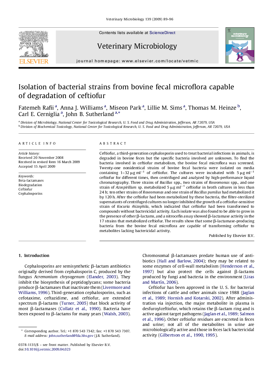 Isolation of bacterial strains from bovine fecal microflora capable of degradation of ceftiofur