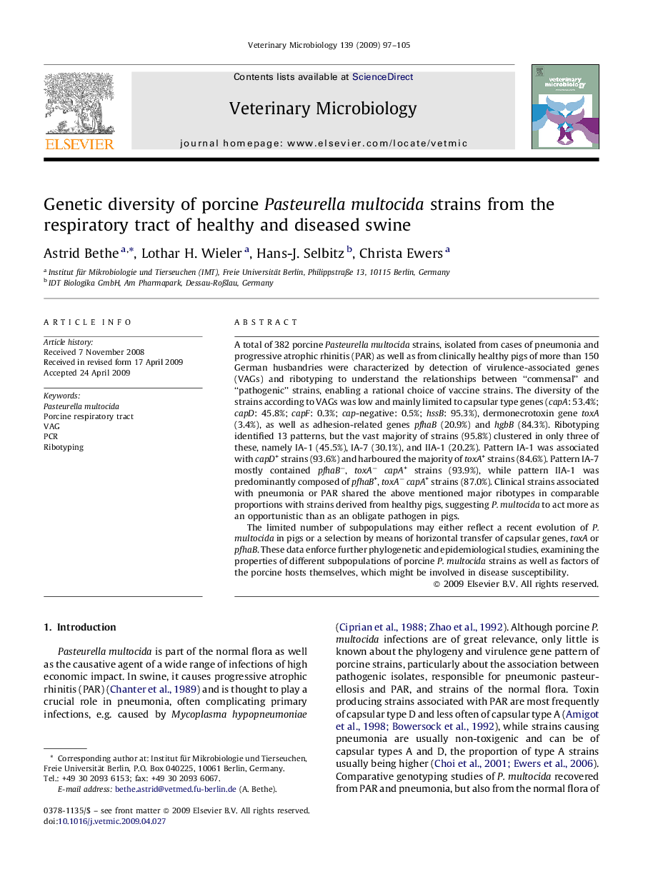 Genetic diversity of porcine Pasteurella multocida strains from the respiratory tract of healthy and diseased swine