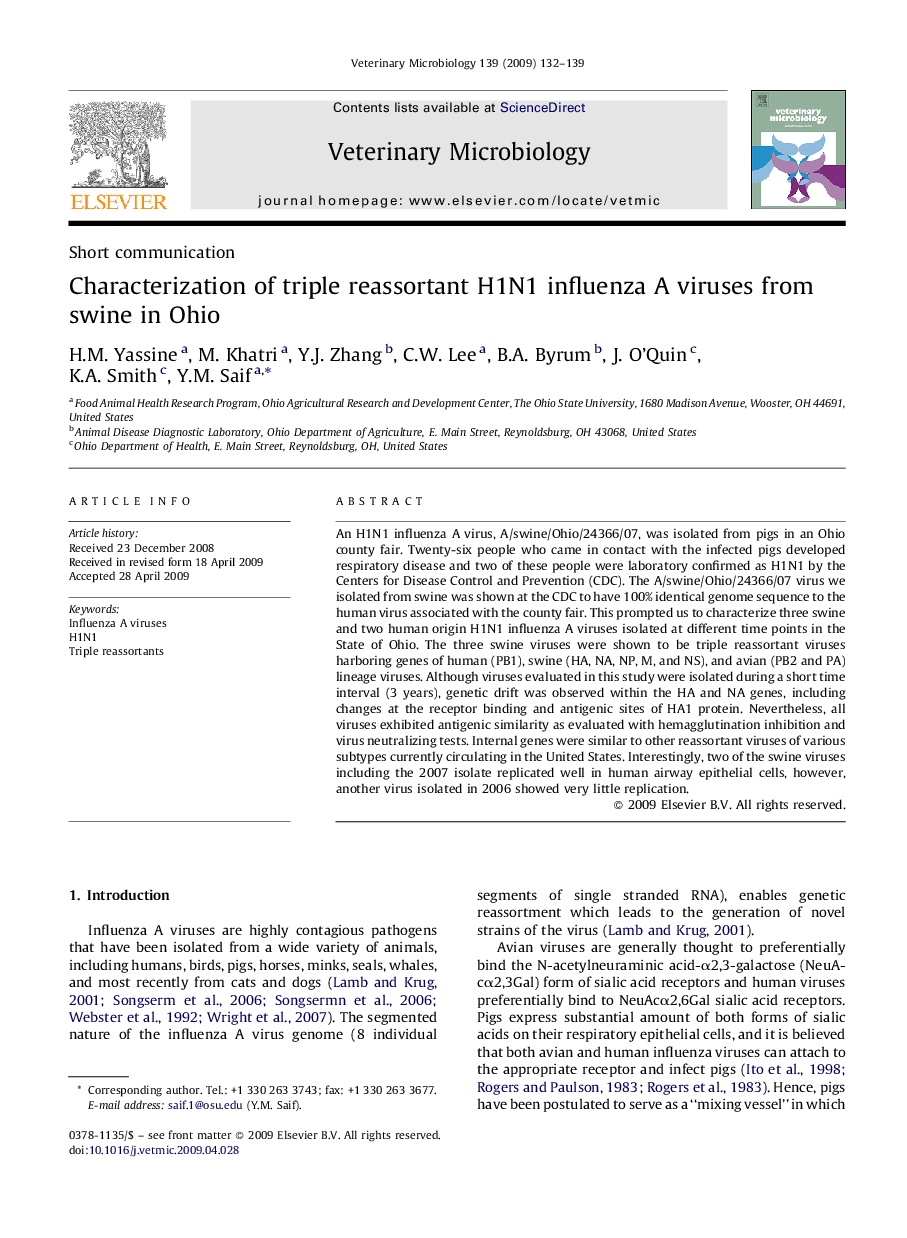 Characterization of triple reassortant H1N1 influenza A viruses from swine in Ohio