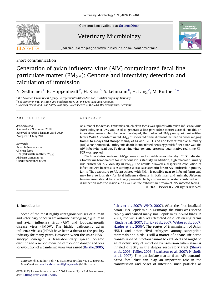 Generation of avian influenza virus (AIV) contaminated fecal fine particulate matter (PM2.5): Genome and infectivity detection and calculation of immission