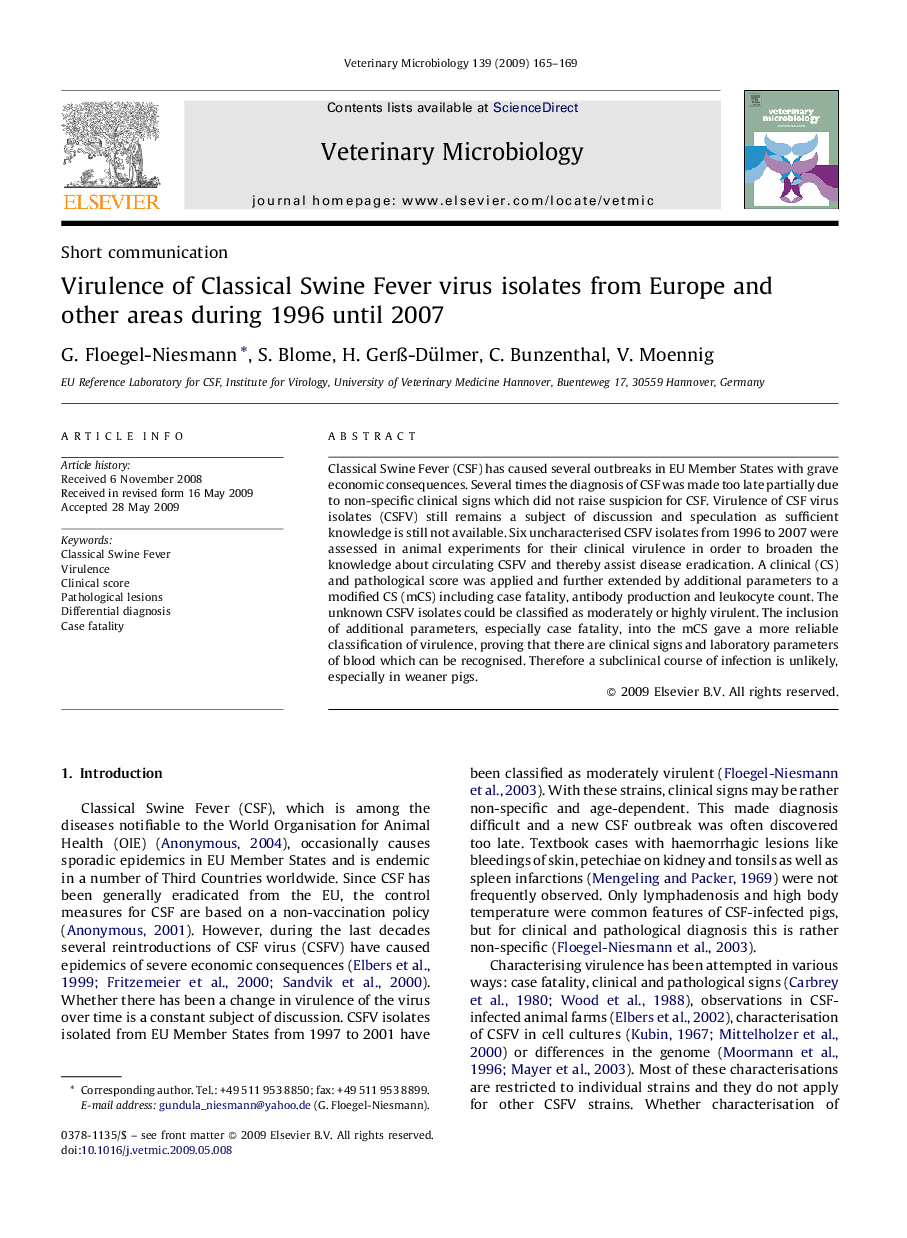 Virulence of Classical Swine Fever virus isolates from Europe and other areas during 1996 until 2007