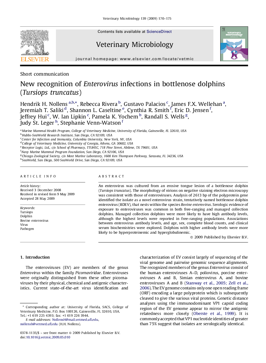 New recognition of Enterovirus infections in bottlenose dolphins (Tursiops truncatus)