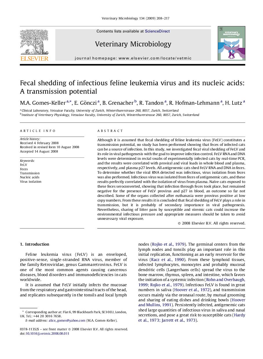 Fecal shedding of infectious feline leukemia virus and its nucleic acids: A transmission potential