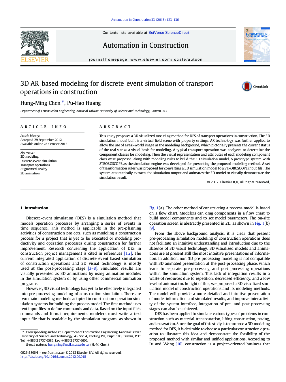 3D AR-based modeling for discrete-event simulation of transport operations in construction