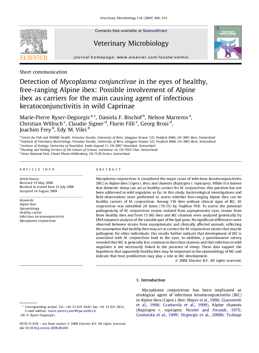 Detection of Mycoplasma conjunctivae in the eyes of healthy, free-ranging Alpine ibex: Possible involvement of Alpine ibex as carriers for the main causing agent of infectious keratoconjunctivitis in wild Caprinae