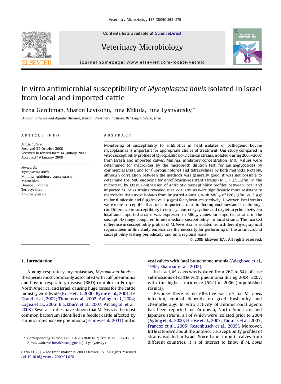 In vitro antimicrobial susceptibility of Mycoplasma bovis isolated in Israel from local and imported cattle