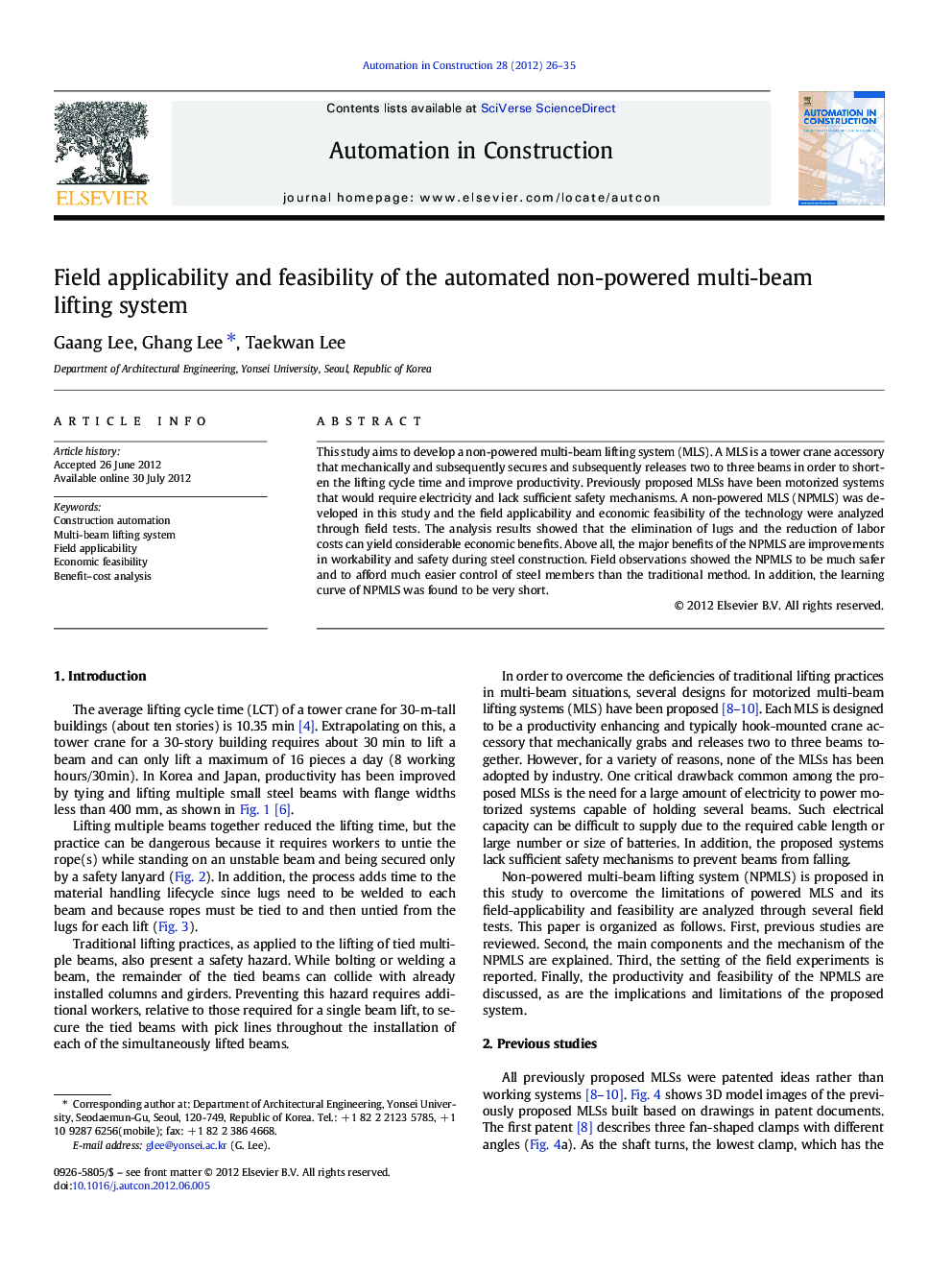عکس صفحه اول مقاله: Field applicability and feasibility of the automated non-powered multi-beam lifting system Field applicability and feasibility of the automated non-powered multi-beam lifting system