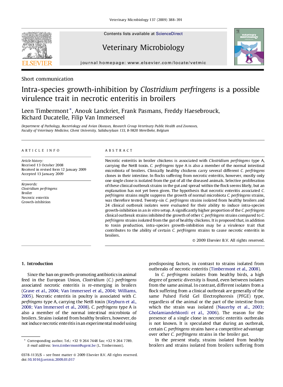 Intra-species growth-inhibition by Clostridium perfringens is a possible virulence trait in necrotic enteritis in broilers