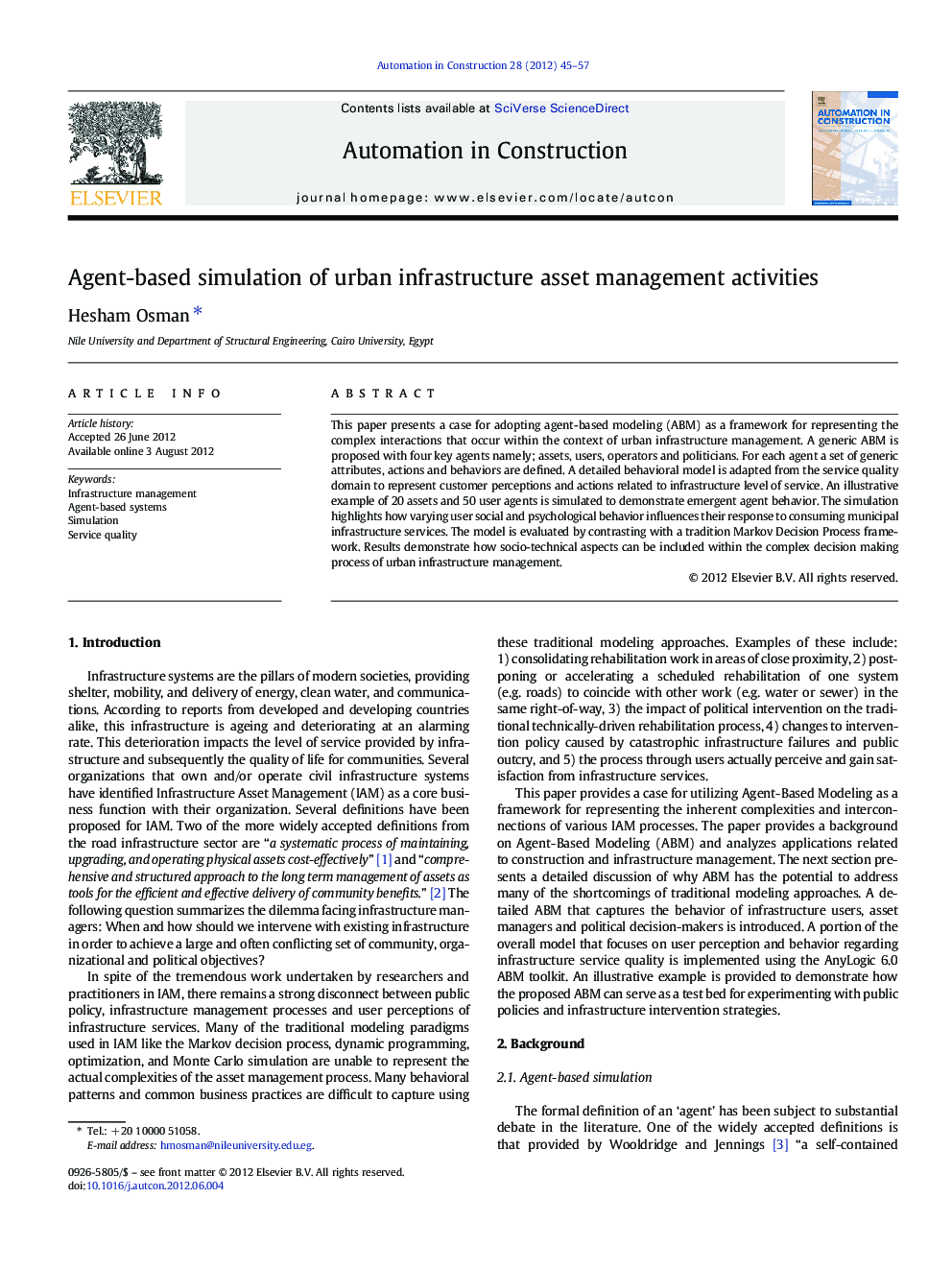 Agent-based simulation of urban infrastructure asset management activities