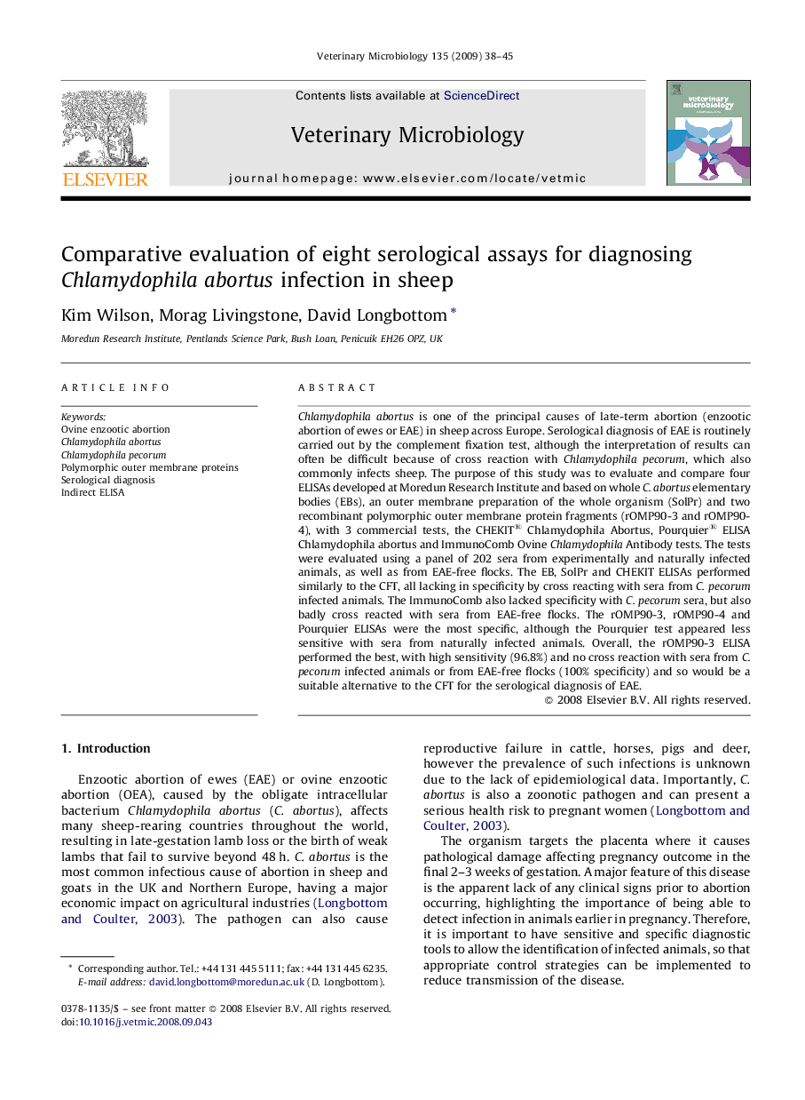 Comparative evaluation of eight serological assays for diagnosing Chlamydophila abortus infection in sheep