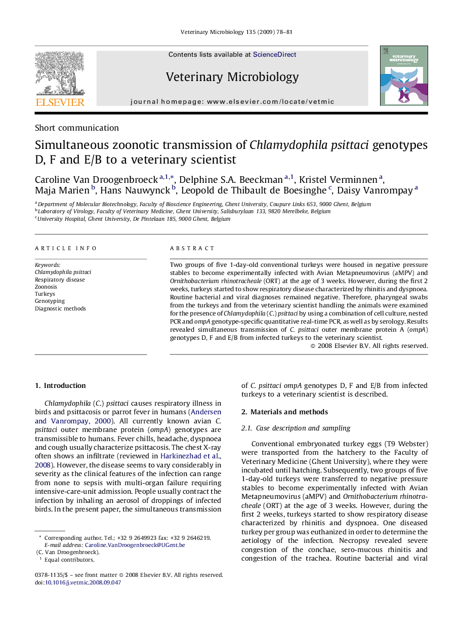 Simultaneous zoonotic transmission of Chlamydophila psittaci genotypes D, F and E/B to a veterinary scientist