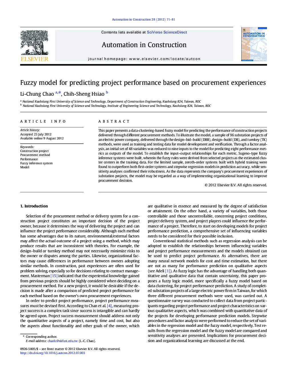 Fuzzy model for predicting project performance based on procurement experiences