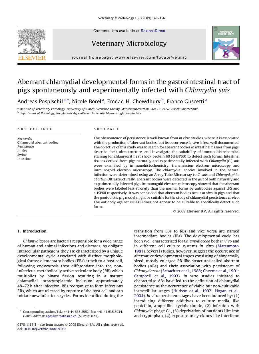 Aberrant chlamydial developmental forms in the gastrointestinal tract of pigs spontaneously and experimentally infected with Chlamydia suis