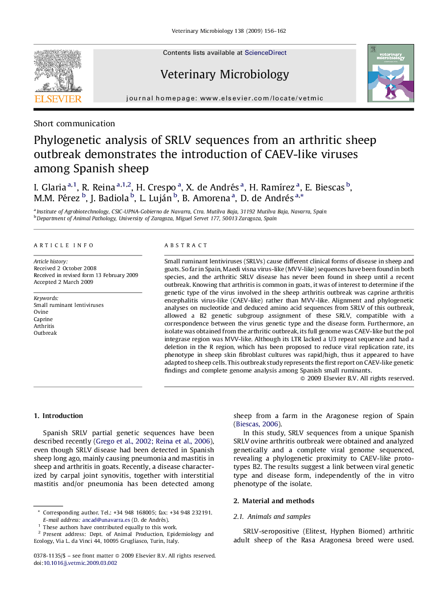 Phylogenetic analysis of SRLV sequences from an arthritic sheep outbreak demonstrates the introduction of CAEV-like viruses among Spanish sheep