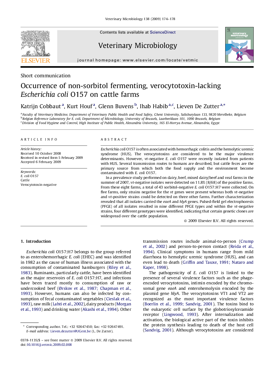 Occurrence of non-sorbitol fermenting, verocytotoxin-lacking Escherichia coli O157 on cattle farms