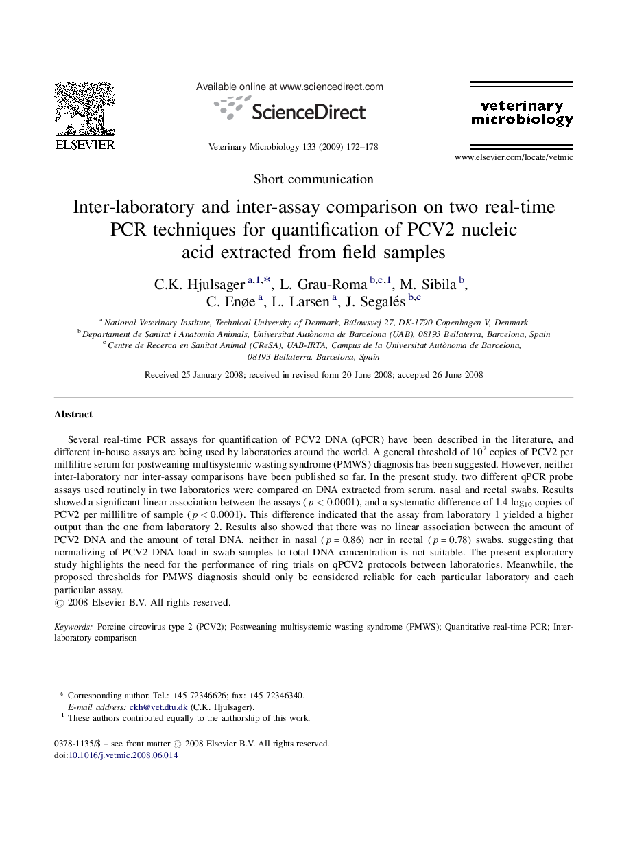 Inter-laboratory and inter-assay comparison on two real-time PCR techniques for quantification of PCV2 nucleic acid extracted from field samples