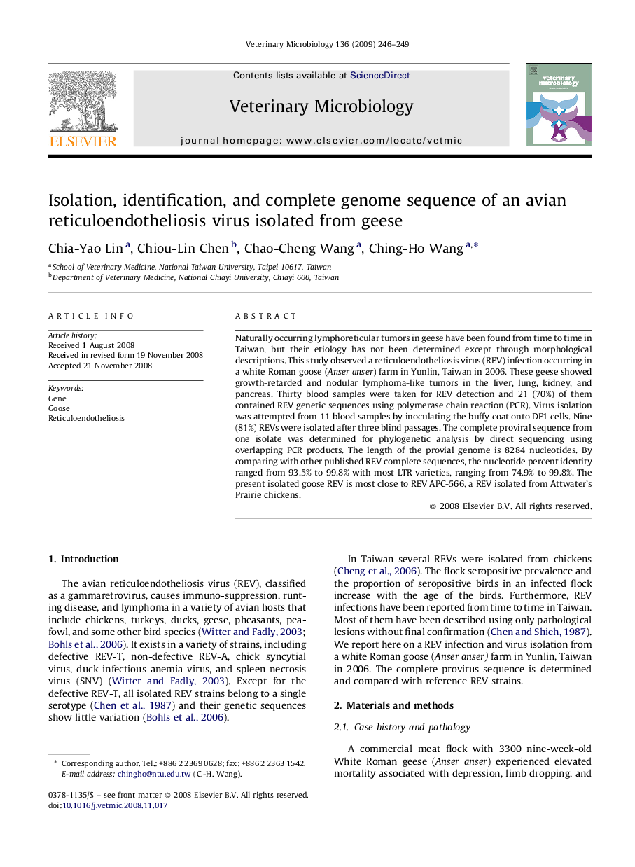 Isolation, identification, and complete genome sequence of an avian reticuloendotheliosis virus isolated from geese