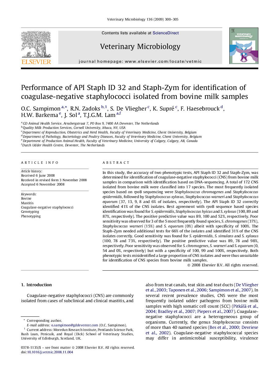 Performance of API Staph ID 32 and Staph-Zym for identification of coagulase-negative staphylococci isolated from bovine milk samples