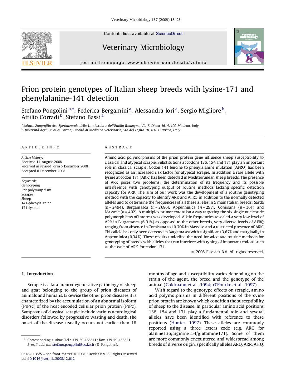 Prion protein genotypes of Italian sheep breeds with lysine-171 and phenylalanine-141 detection