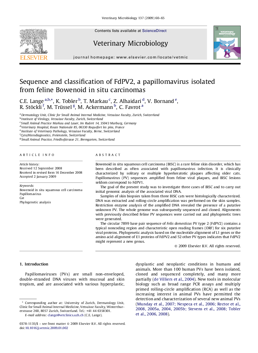 Sequence and classification of FdPV2, a papillomavirus isolated from feline Bowenoid in situ carcinomas