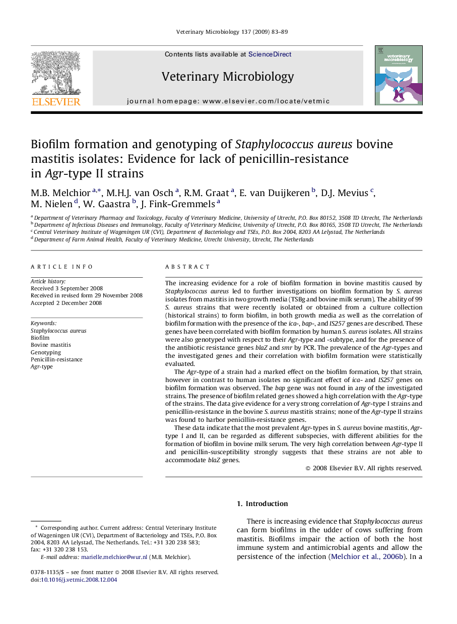 Biofilm formation and genotyping of Staphylococcus aureus bovine mastitis isolates: Evidence for lack of penicillin-resistance in Agr-type II strains