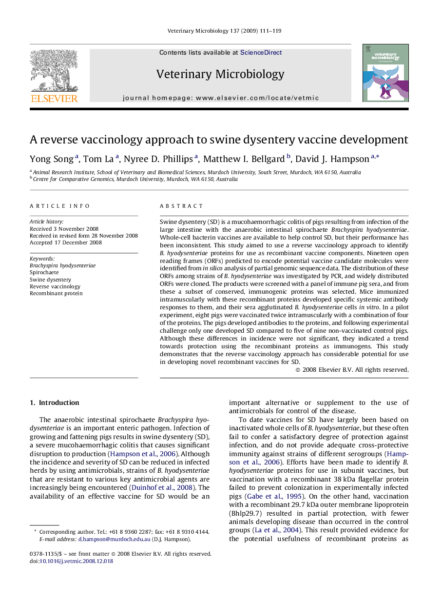 A reverse vaccinology approach to swine dysentery vaccine development