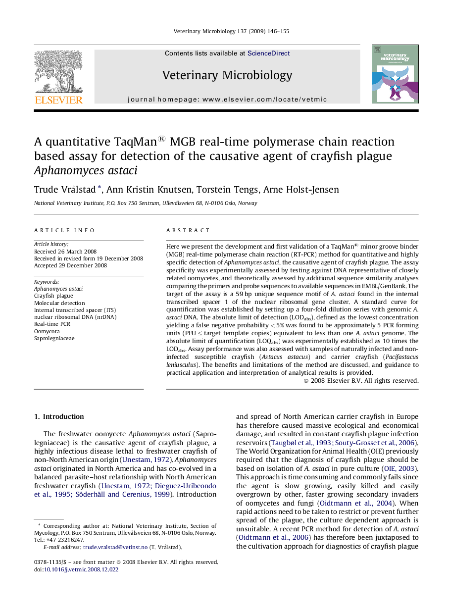 A quantitative TaqMan® MGB real-time polymerase chain reaction based assay for detection of the causative agent of crayfish plague Aphanomyces astaci