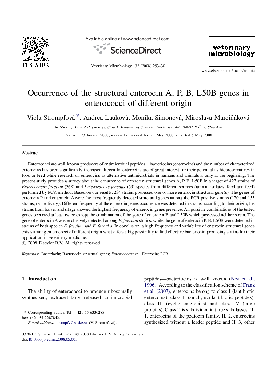 Occurrence of the structural enterocin A, P, B, L50B genes in enterococci of different origin