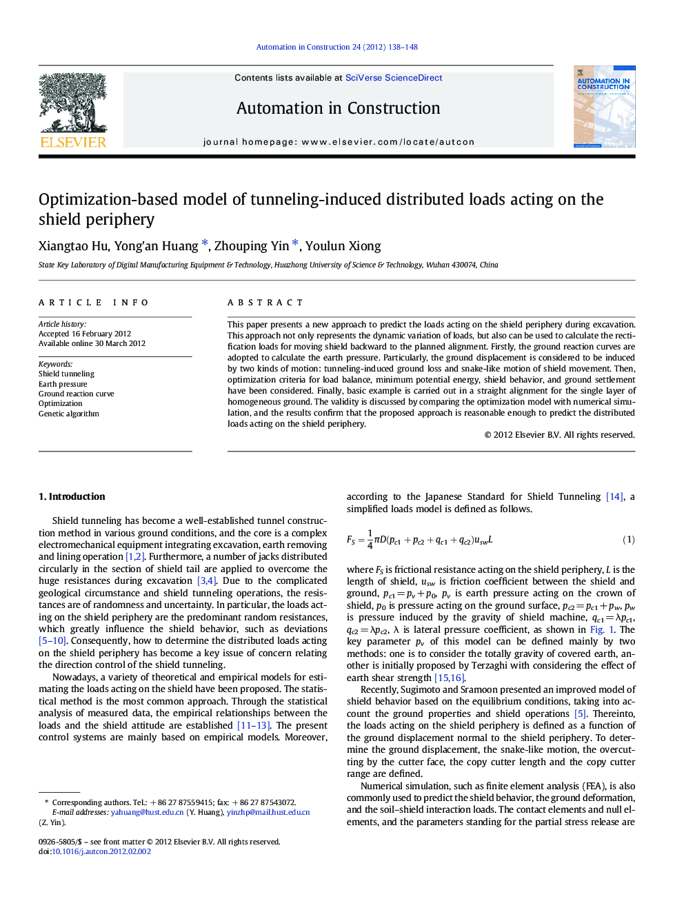 Optimization-based model of tunneling-induced distributed loads acting on the shield periphery