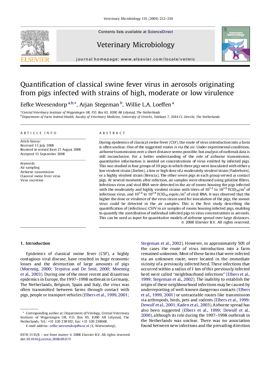 Quantification of classical swine fever virus in aerosols originating from pigs infected with strains of high, moderate or low virulence