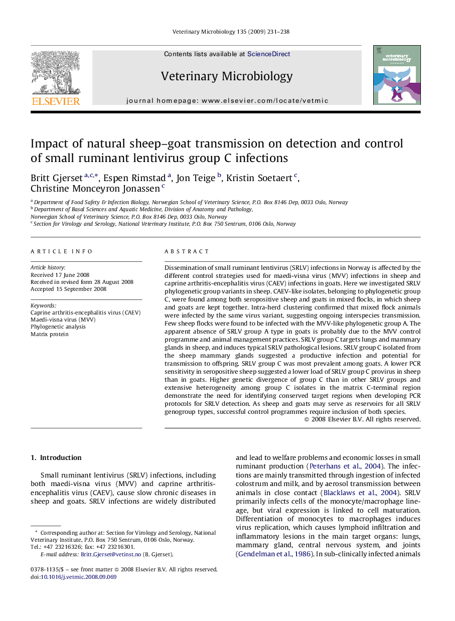 عکس صفحه اول مقاله: Impact of natural sheep–goat transmission on detection and control of small ruminant lentivirus group C infections Impact of natural sheep–goat transmission on detection and control of small ruminant lentivirus group C infections