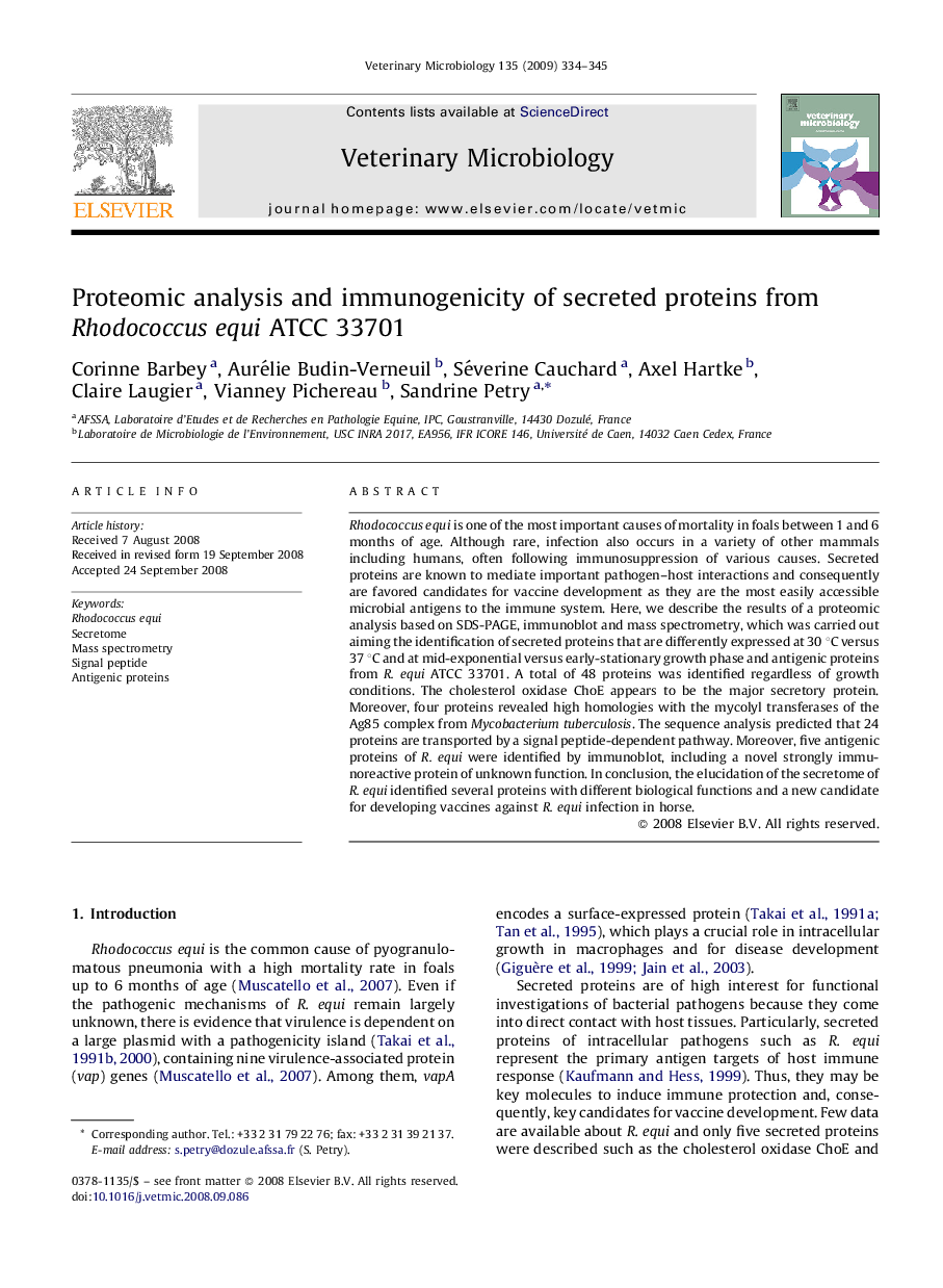 عکس صفحه اول مقاله: Proteomic analysis and immunogenicity of secreted proteins from Rhodococcus equi ATCC 33701 Proteomic analysis and immunogenicity of secreted proteins from Rhodococcus equi ATCC 33701