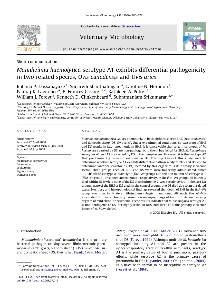 Mannheimia haemolytica serotype A1 exhibits differential pathogenicity in two related species, Ovis canadensis and Ovis aries