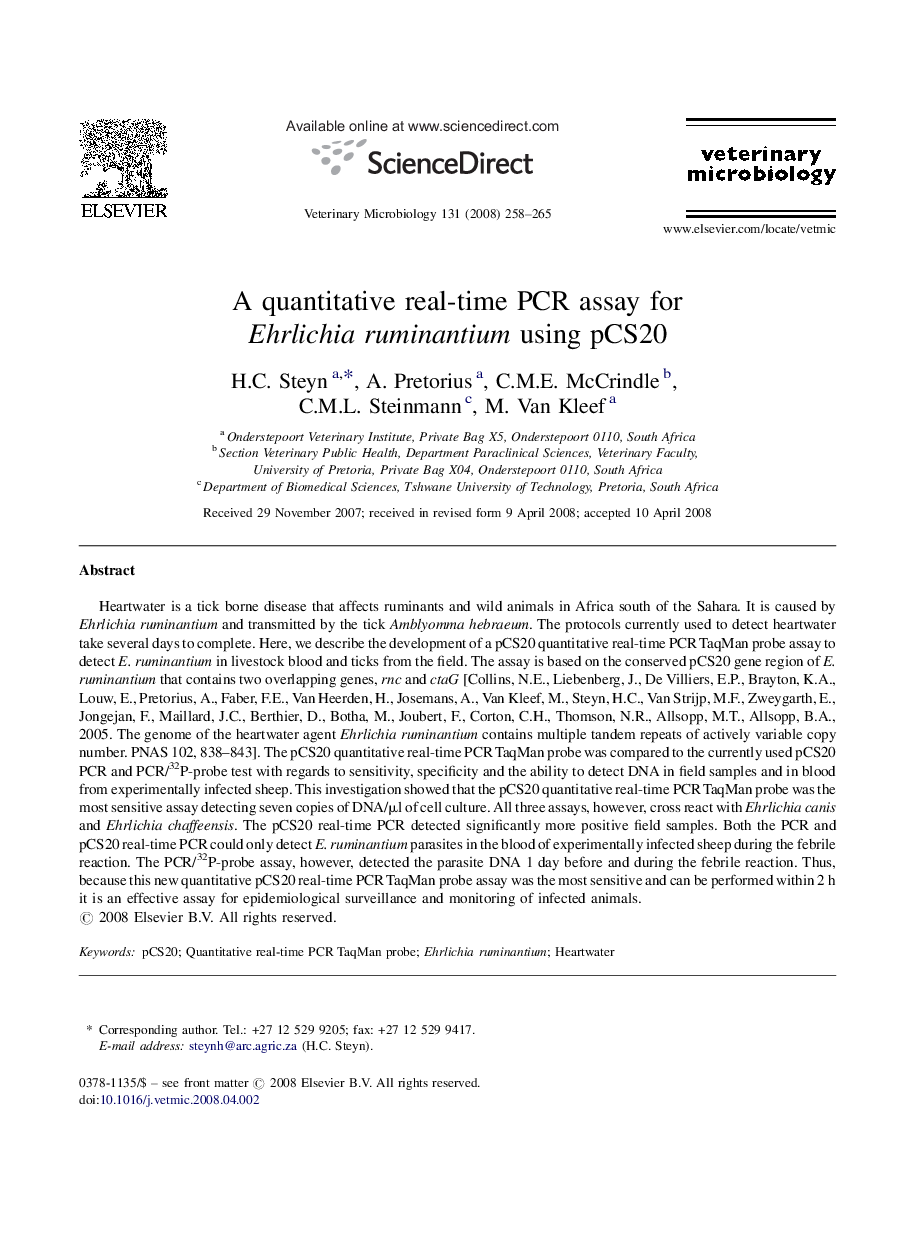 A quantitative real-time PCR assay for Ehrlichia ruminantium using pCS20