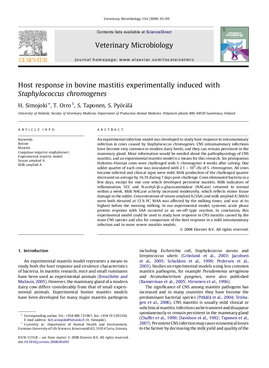 Host response in bovine mastitis experimentally induced with Staphylococcus chromogenes