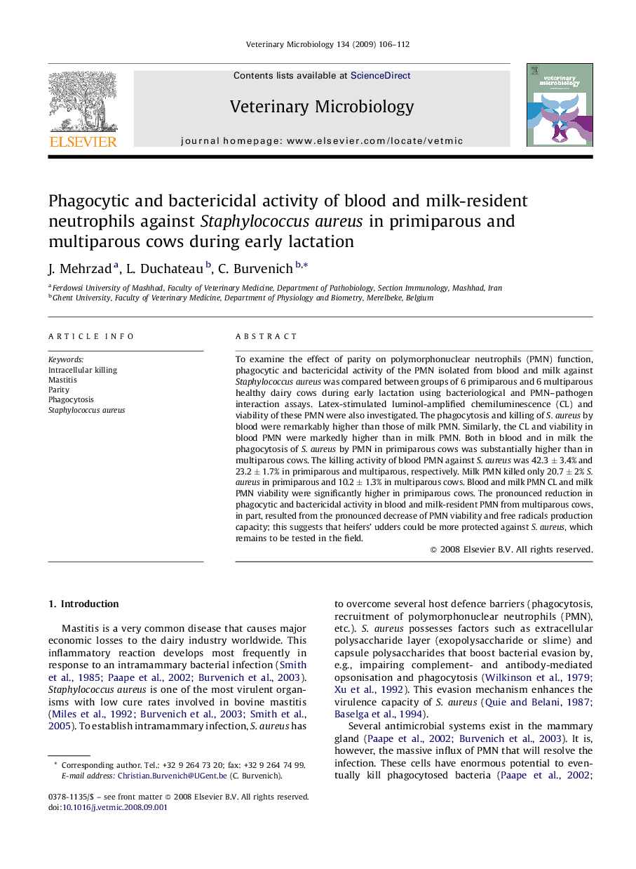 Phagocytic and bactericidal activity of blood and milk-resident neutrophils against Staphylococcus aureus in primiparous and multiparous cows during early lactation