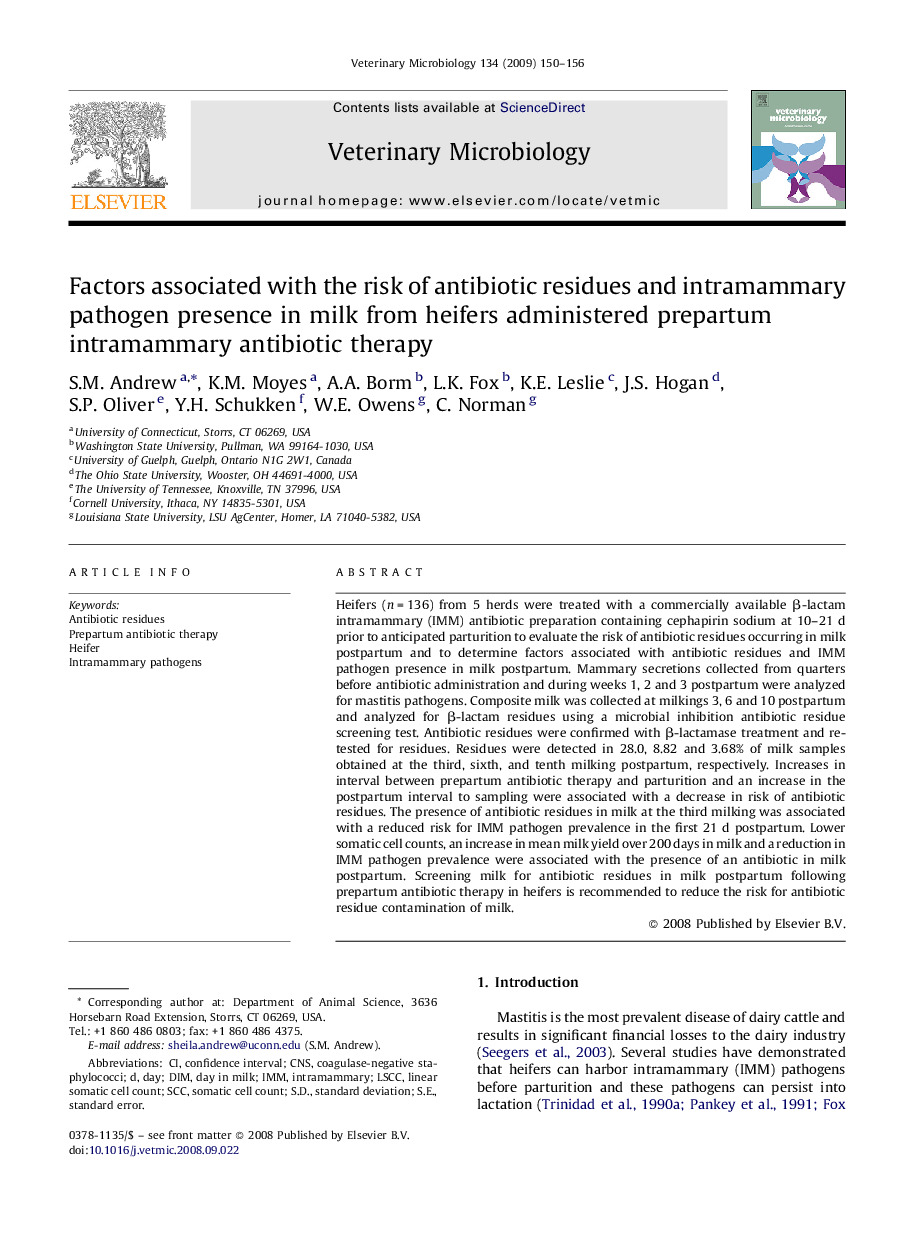 Factors associated with the risk of antibiotic residues and intramammary pathogen presence in milk from heifers administered prepartum intramammary antibiotic therapy