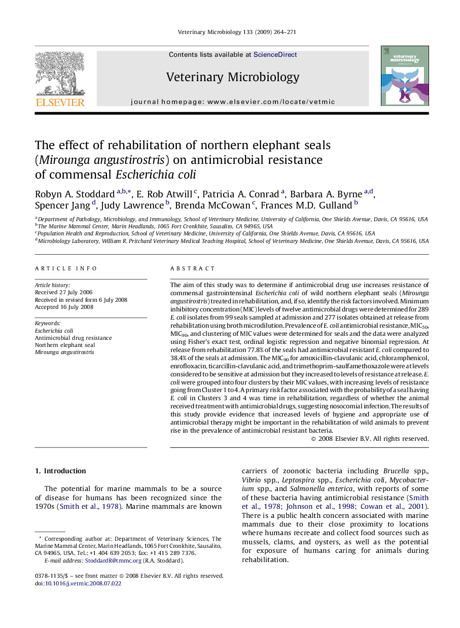 The effect of rehabilitation of northern elephant seals (Mirounga angustirostris) on antimicrobial resistance of commensal Escherichia coli